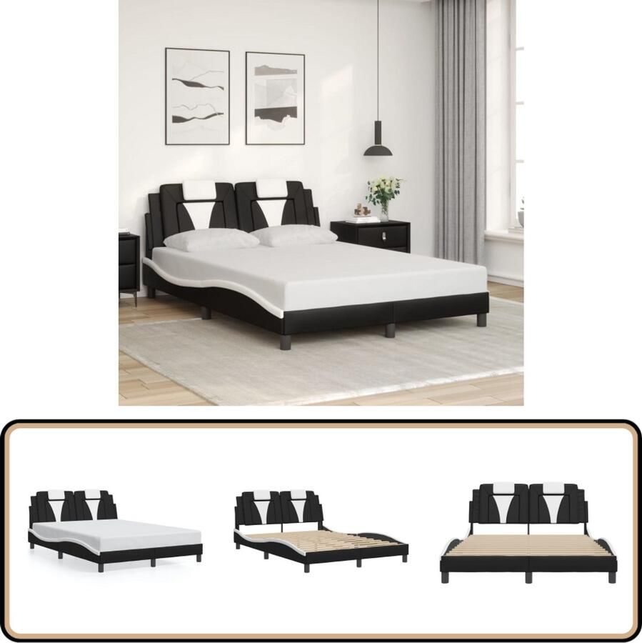 VidaXL Bedframe met hoofdbord kunstleer zwart en wit 140x200 cm