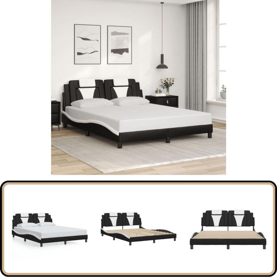 VidaXL Bedframe met hoofdbord kunstleer zwart en wit 160x200 cm