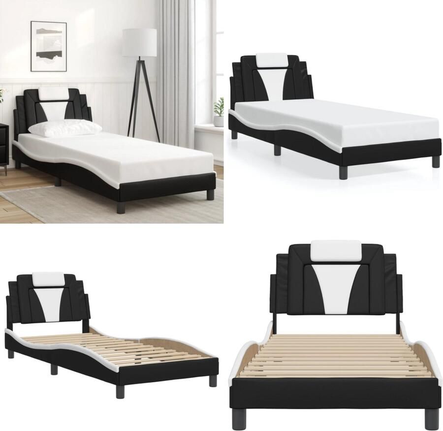 VidaXL Bedframe met hoofdbord kunstleer zwart en wit 90x190 cm Bedframe Bedframes Bed Bedbodem