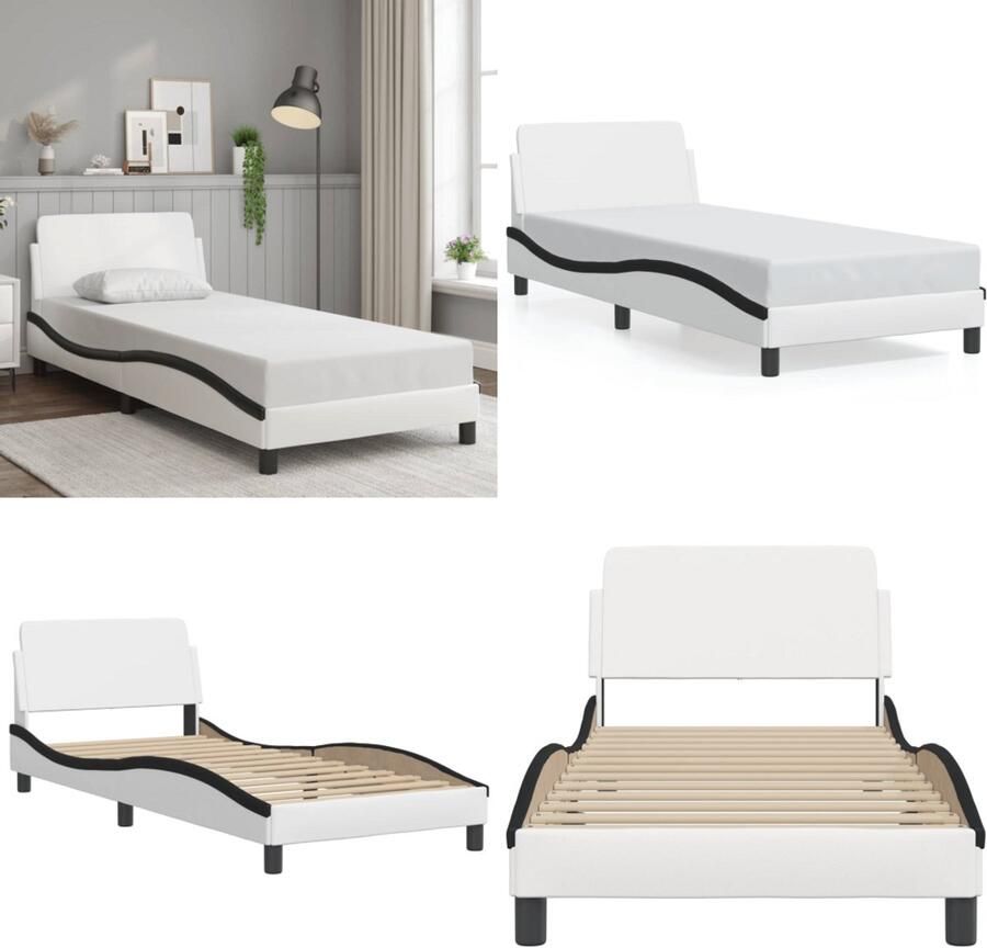 VidaXL Bedframe met hoofdbord kunstleer zwart en wit 90x190 cm Bedframe Bedframes Bed Bedbodem