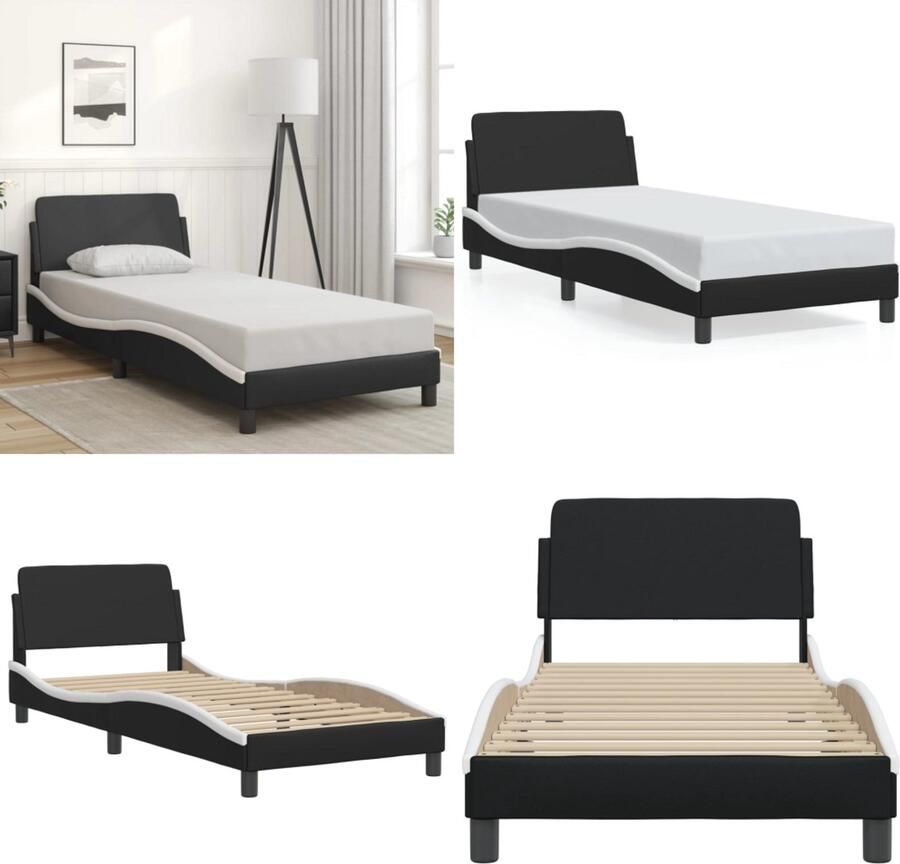 VidaXL Bedframe met hoofdbord kunstleer zwart en wit 90x200 cm Bedframe Bedframes Bed Bedbodem