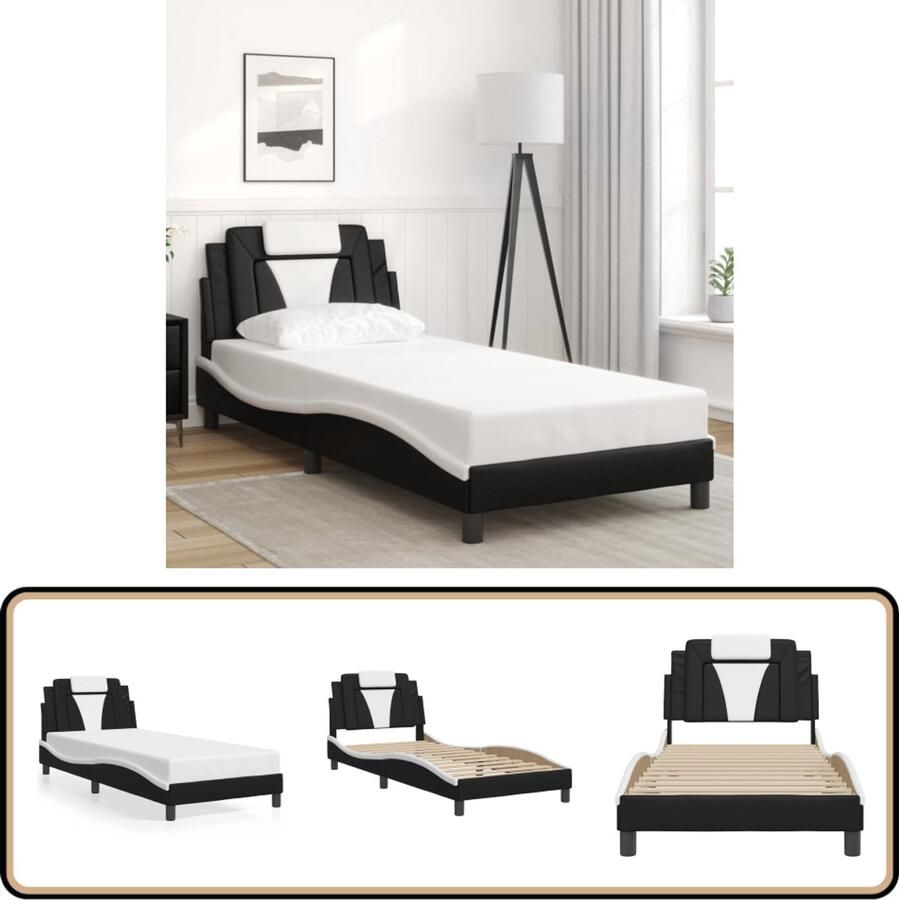 VidaXL Bedframe met hoofdbord kunstleer zwart en wit 90x200 cm