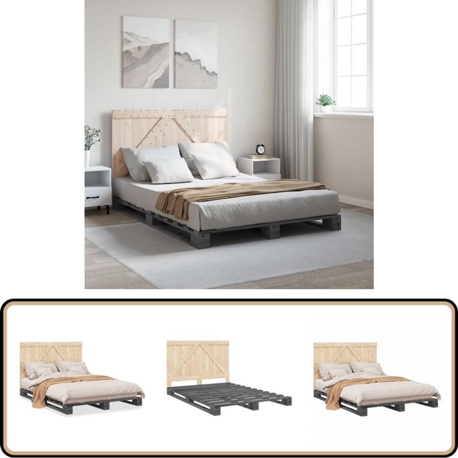 VidaXL Bedframe met hoofdbord massief grenenhout grijs 140x200 cm