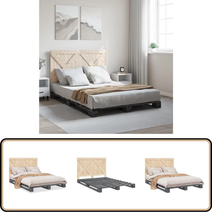 VidaXL Bedframe met hoofdbord massief grenenhout grijs 140x200 cm