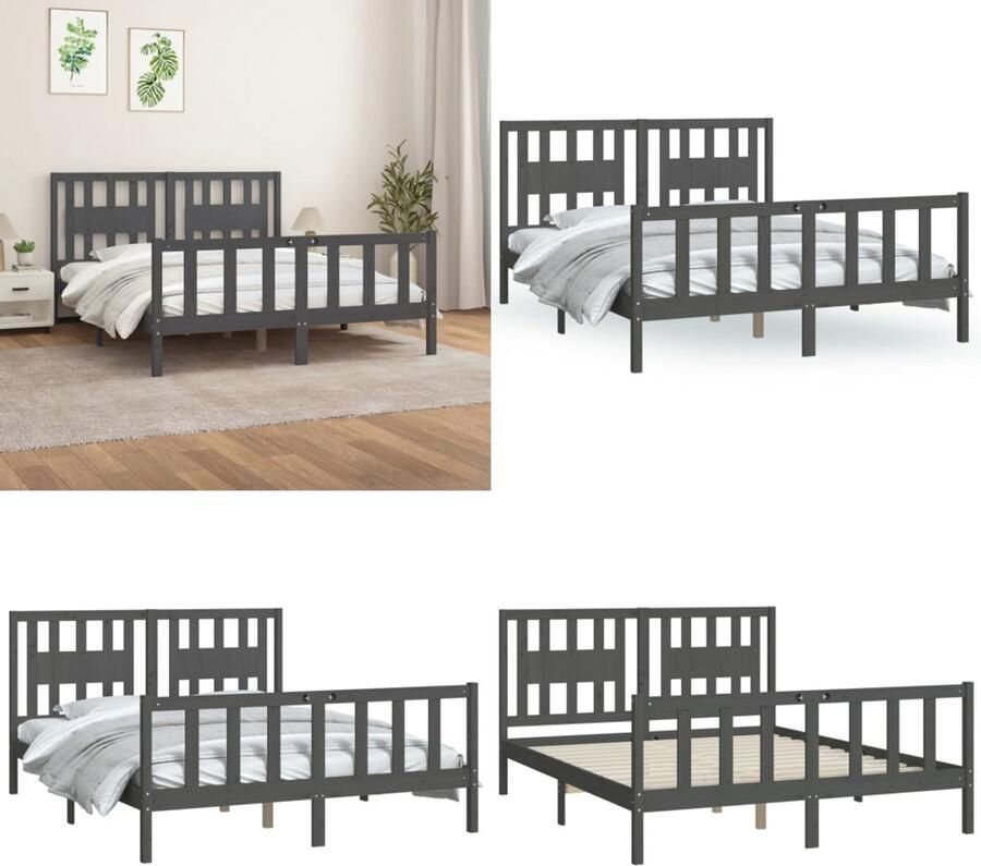 VidaXL Bedframe en hoofdbord grenenhout grijs 150x200 cm 5FT King Size Bedframe Bedframes Bed Bedombouw
