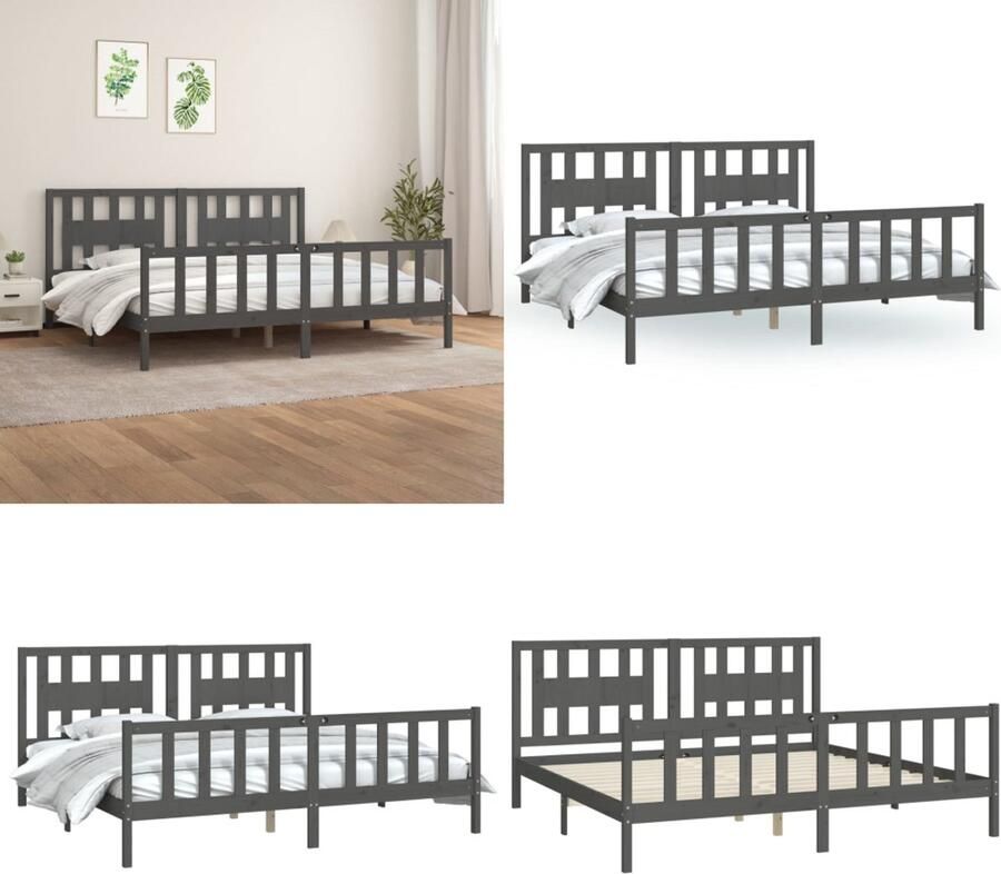 VidaXL Bedframe met hoofdbord massief grenenhout grijs 200x200 cm Bedframe Bedframes Bed Bedombouw