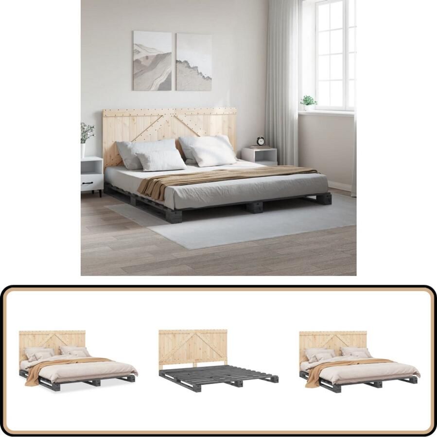 VidaXL Bedframe met hoofdbord massief grenenhout grijs 200x200 cm Bed Frame Grenenhouten Bed Massief Hout Bed 200x200 Grijs Bed
