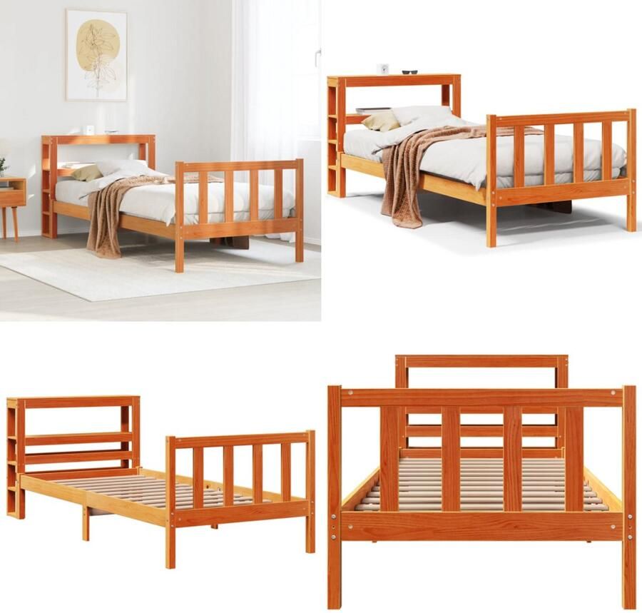 VidaXL Bedframe met hoofdbord massief grenenhout wasbruin 100x200 cm Bedframe Bedframes Bed Bedbodem
