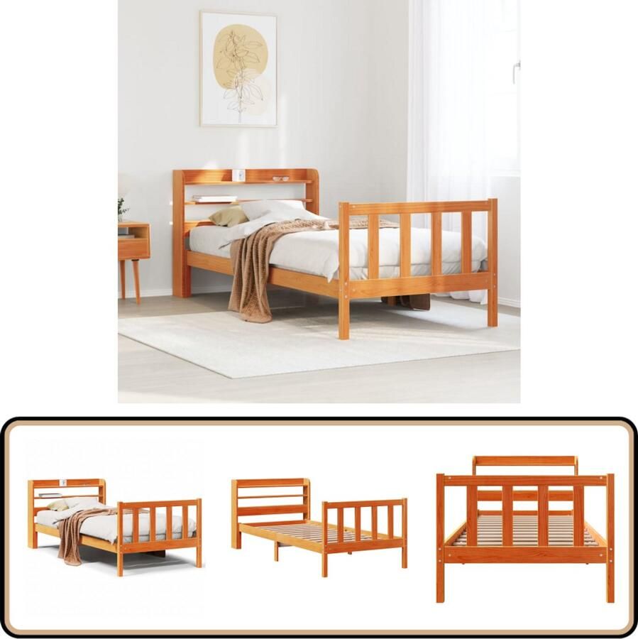 VidaXL Bedframe met hoofdbord massief grenenhout wasbruin 100x200 cm