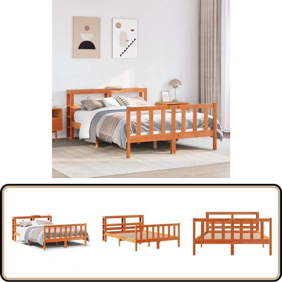 VidaXL Bedframe met hoofdbord massief grenenhout wasbruin 135x190 cm