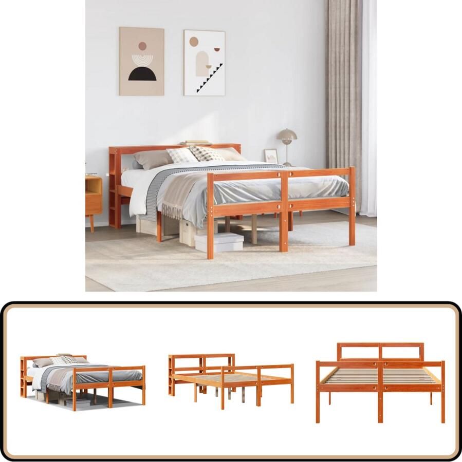 VidaXL Bedframe met hoofdbord massief grenenhout wasbruin 135x190 cm