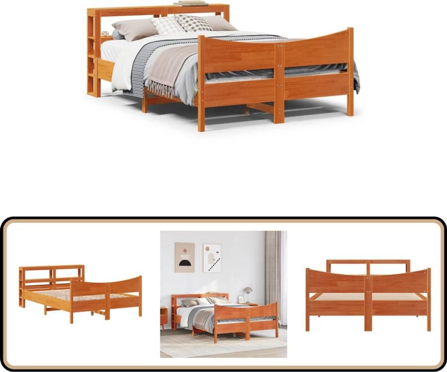 VidaXL Bedframe met hoofdbord massief grenenhout wasbruin 135x190 cm