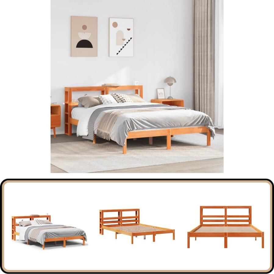VidaXL Bedframe met hoofdbord massief grenenhout wasbruin 135x190 cm