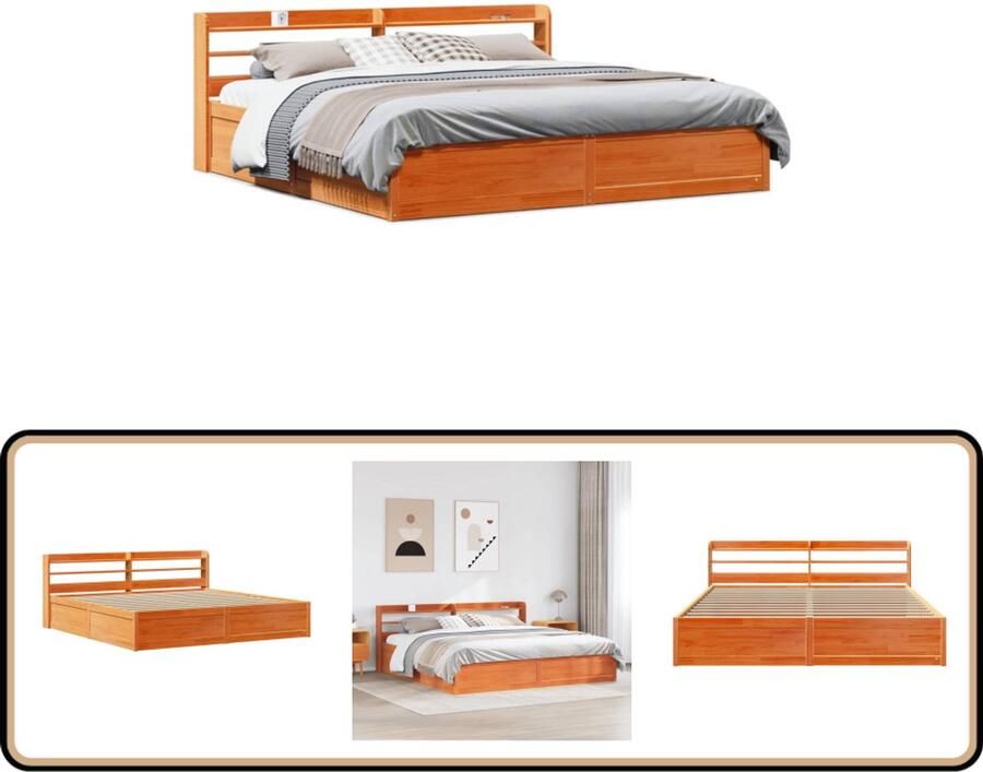 VidaXL Bedframe met hoofdbord massief grenenhout wasbruin 200x200 cm