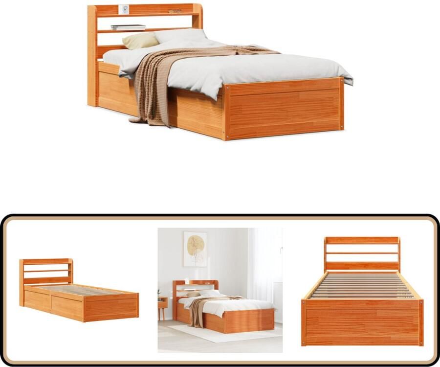 VidaXL Bedframe met hoofdbord massief grenenhout wasbruin 90x200 cm