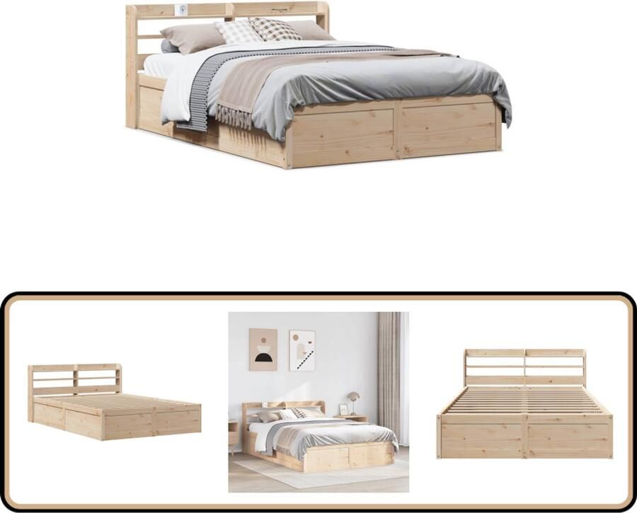 VidaXL -Bedframe-met-hoofdbord-massief-grenenhout-wit-140x200-cm