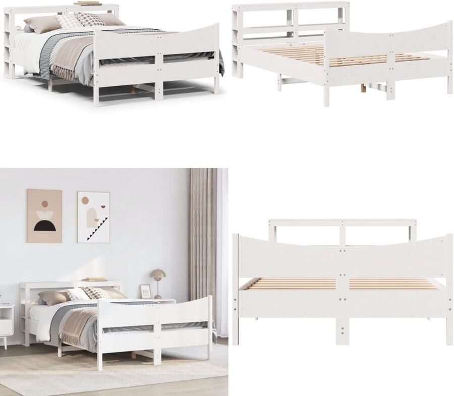 VidaXL Bedframe met hoofdbord massief grenenhout wit 150x200 cm Bedframe Bedframes Bed Bedbodem
