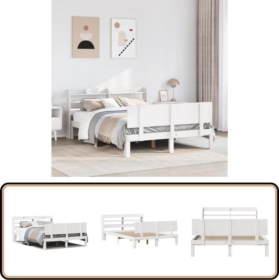 VidaXL Bedframe met hoofdbord massief grenenhout wit 150x200 cm
