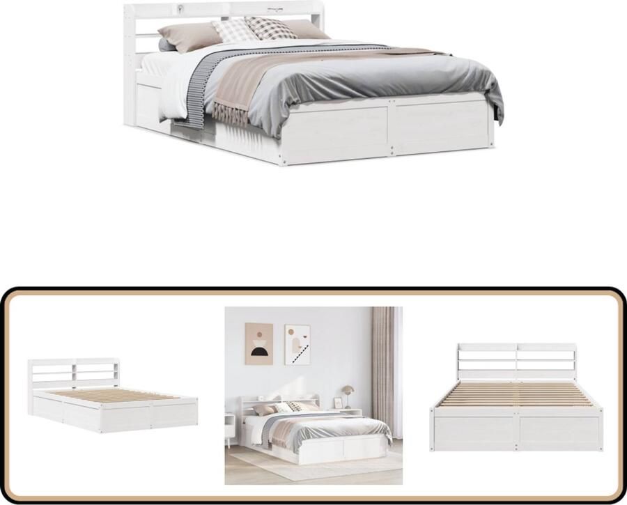VidaXL Bedframe met hoofdbord massief grenenhout wit 150x200 cm