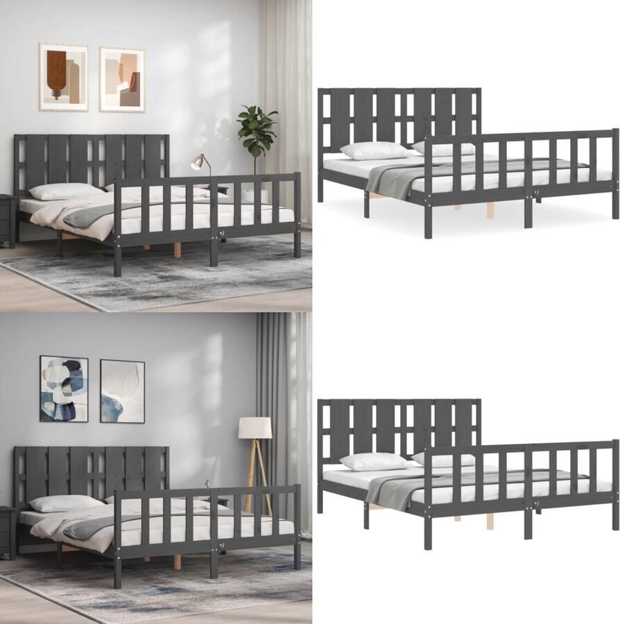 VidaXL Bedframe met hoofdbord massief hout grijs Bedframe Bedframes Bed Tweepersoonsbed