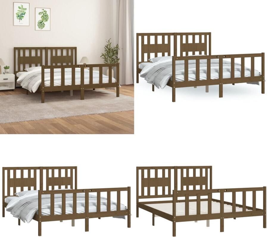 VidaXL Bedframe en hoofdbord hout honingbruin 150x200 cm 5FT King Size Bedframe Bedframes Bed Bedombouw