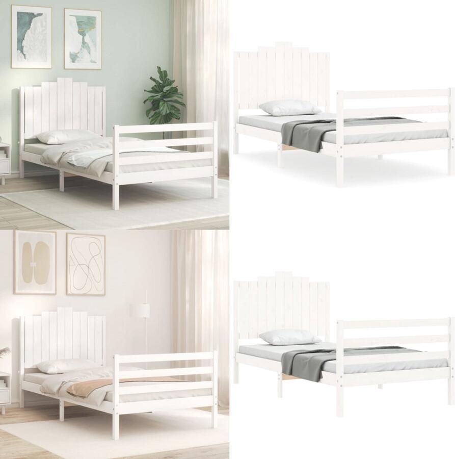 VidaXL Bedframe met hoofdbord massief hout wit 100x200 cm Bedframe Bedframes Bed Eenpersoonsbed