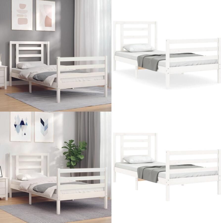 VidaXL Bedframe met hoofdbord massief hout wit 100x200 cm Bedframe Bedframes Bed Eenpersoonsbed