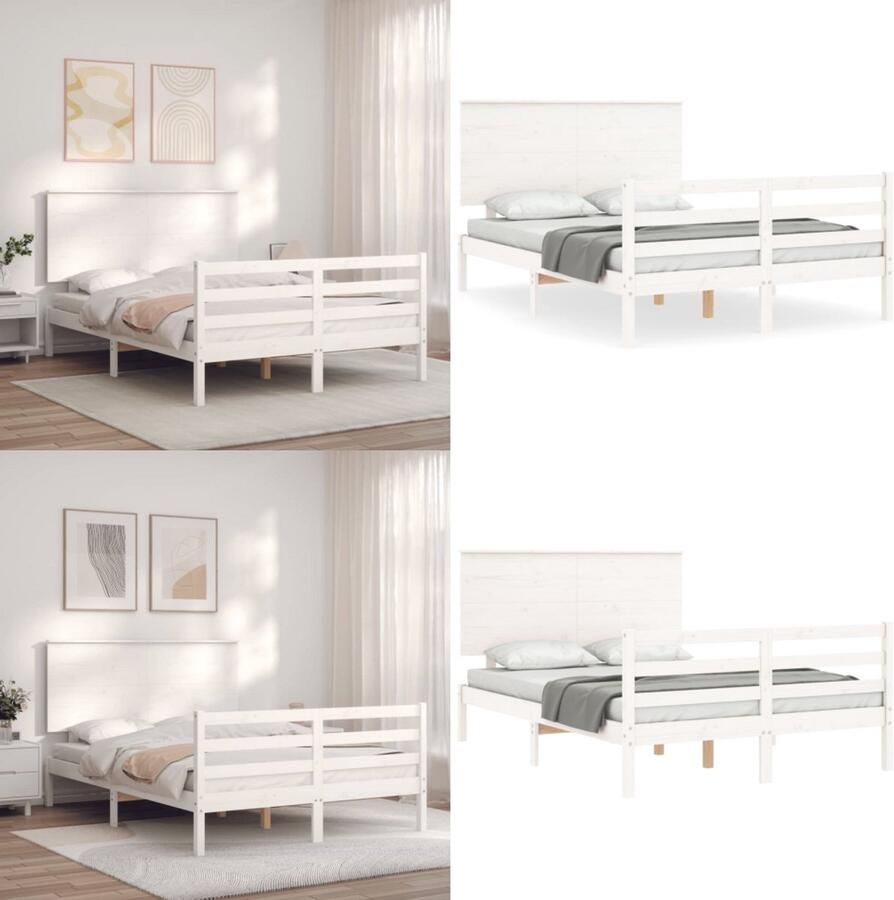 VidaXL Bedframe met hoofdbord massief hout wit 120x200 cm Bedframe Bedframes Bed Tweepersoonsbed