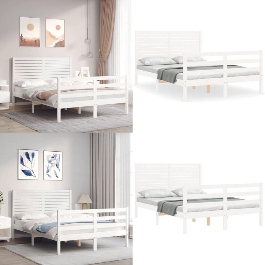 VidaXL Bedframe met hoofdbord massief hout wit 120x200 cm Bedframe Bedframes Bed Tweepersoonsbed