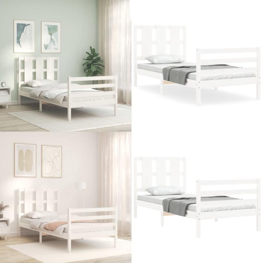 VidaXL Bedframe met hoofdbord massief hout wit 90x200 cm Bedframe Bedframes Bed Eenpersoonsbed