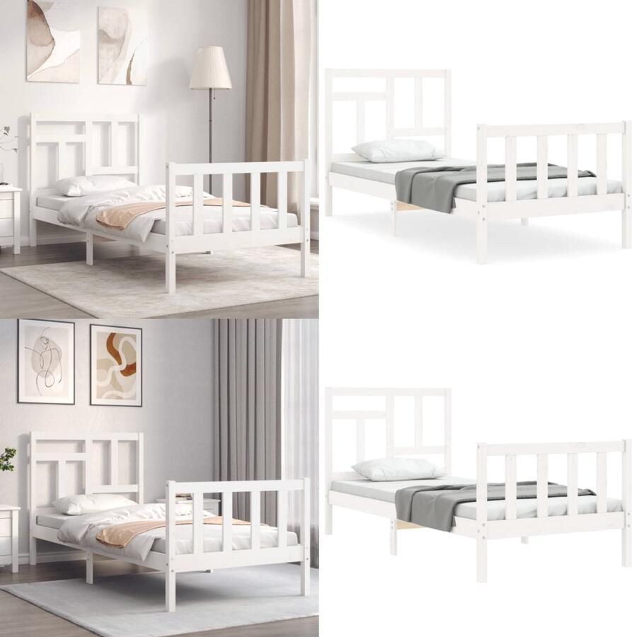 VidaXL Bedframe met hoofdbord massief hout wit Bedframe Bedframes Bed Eenpersoonsbed