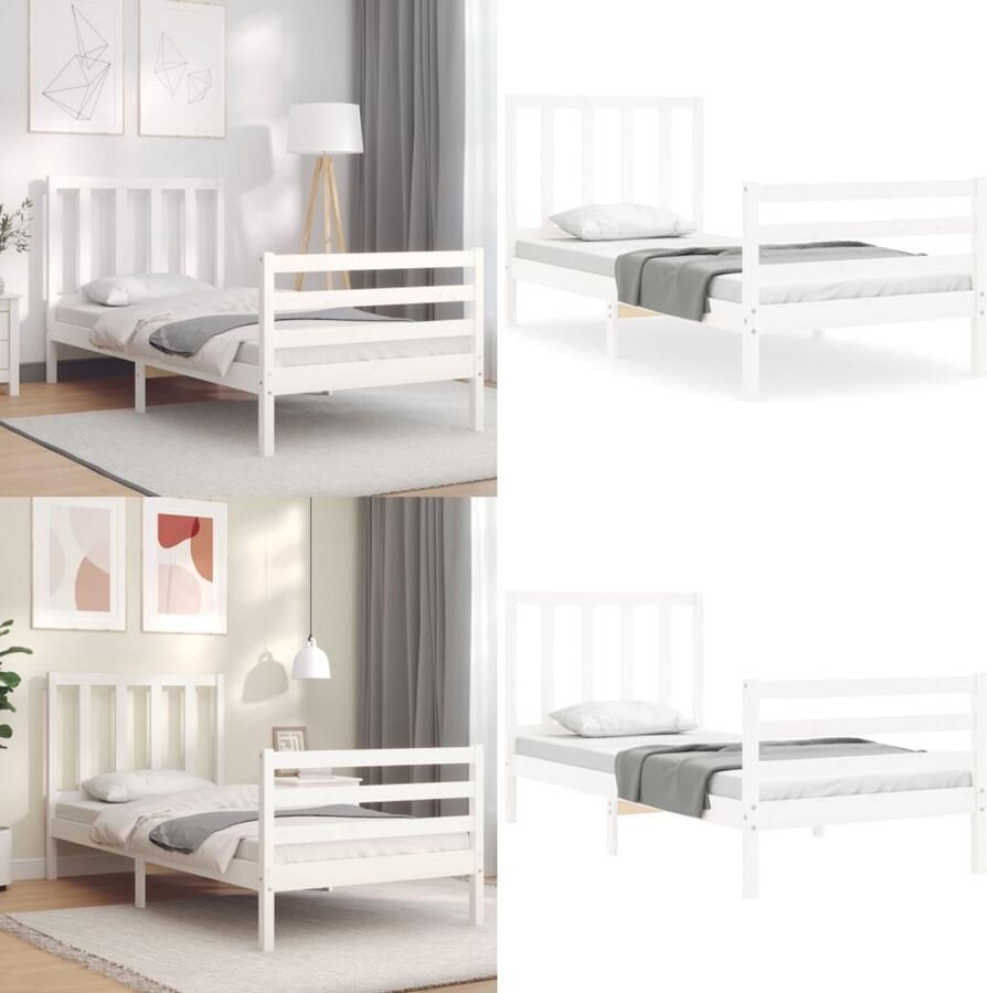 VidaXL Bedframe met hoofdbord massief hout wit Bedframe Bedframes Bed Eenpersoonsbed