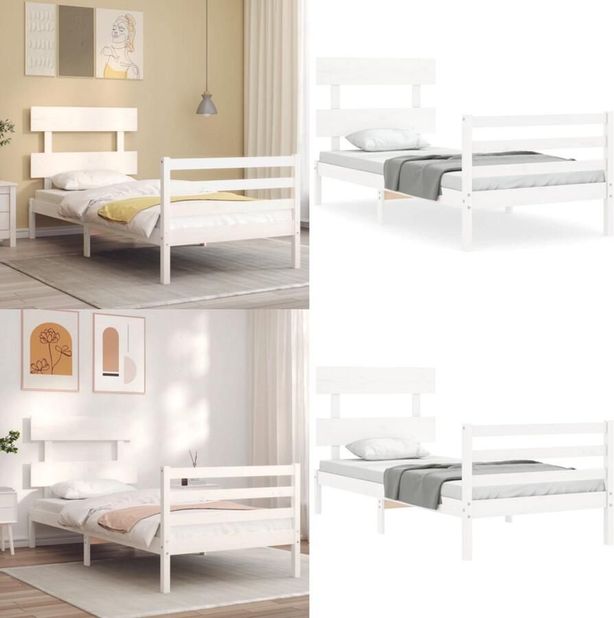 VidaXL Bedframe met hoofdbord massief hout wit Bedframe Bedframes Bed Eenpersoonsbed