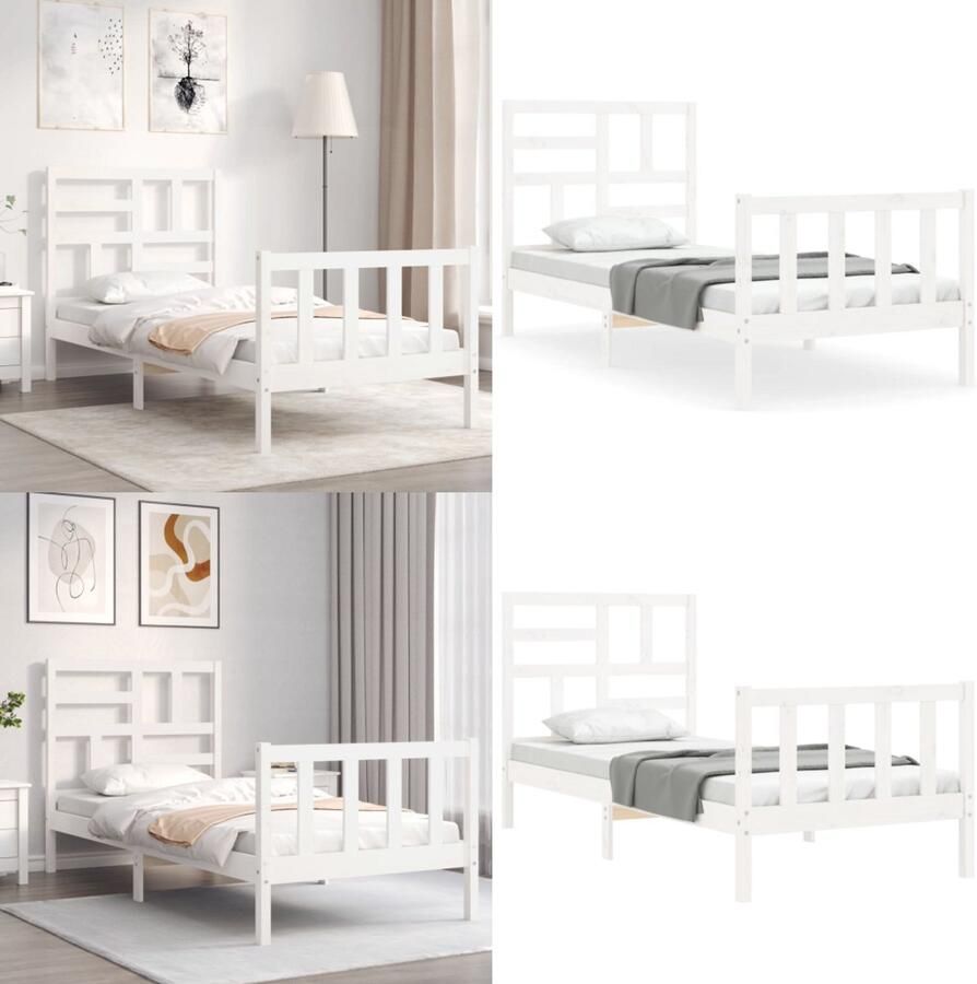 VidaXL Bedframe met hoofdbord massief hout wit Bedframe Bedframes Bed Eenpersoonsbed