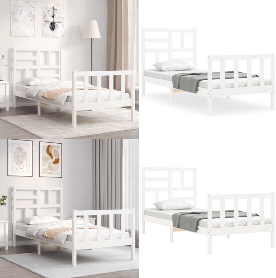 VidaXL Bedframe met hoofdbord massief hout wit Bedframe Bedframes Bed Eenpersoonsbed
