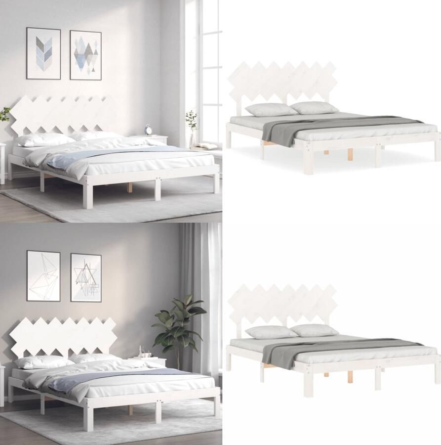 VidaXL Bedframe met hoofdbord massief hout wit Bedframe Bedframes Bed Tweepersoonsbed