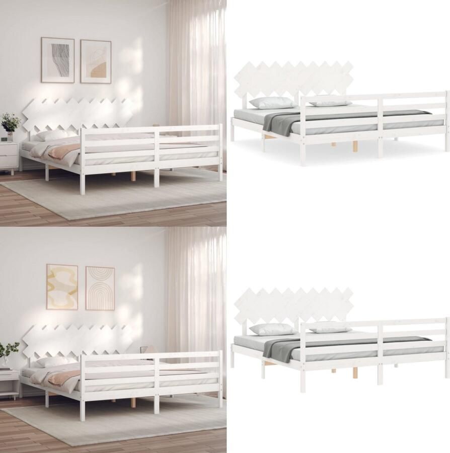 VidaXL Bedframe met hoofdbord massief hout wit Super King Size Bedframe Bedframes Bed Tweepersoonsbed - Foto 4