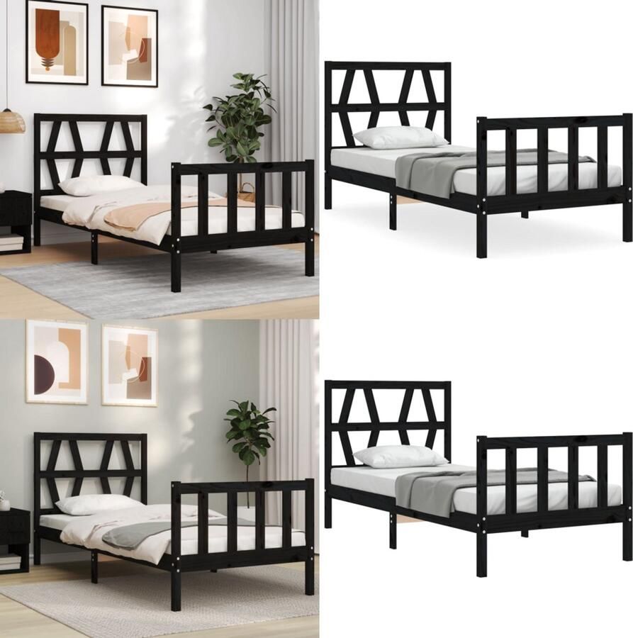 VidaXL Bedframe met hoofdbord massief hout zwart 100x200 cm Bedframe Bedframes Bed Eenpersoonsbed