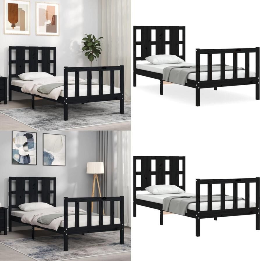 VidaXL Bedframe met hoofdbord massief hout zwart 100x200 cm Bedframe Bedframes Bed Eenpersoonsbed