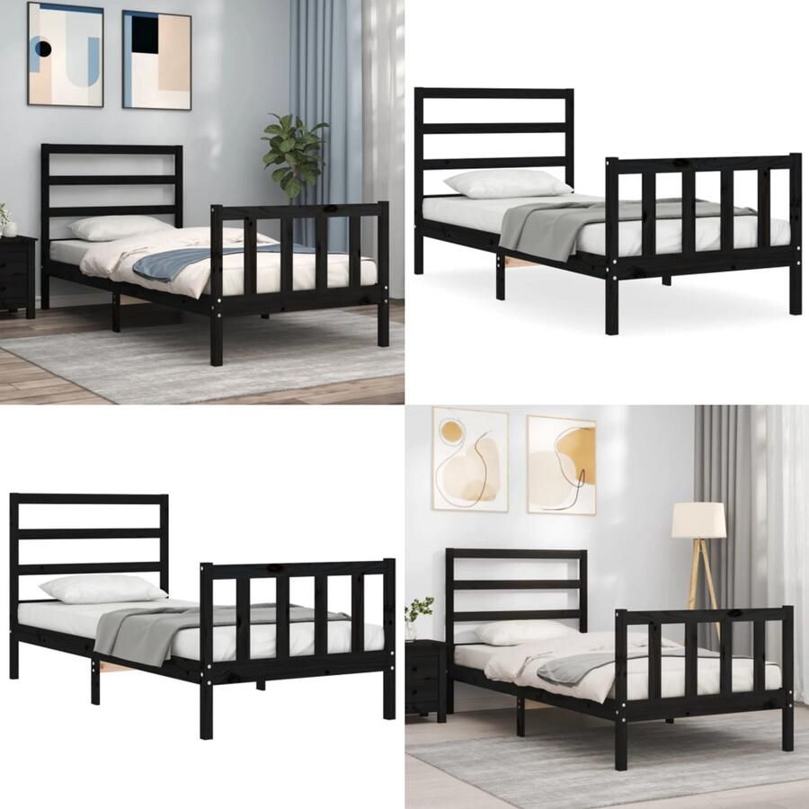 VidaXL Bedframe met hoofdbord massief hout zwart 100x200 cm Bedframe Bedframes Bed Eenpersoonsbed - Foto 2