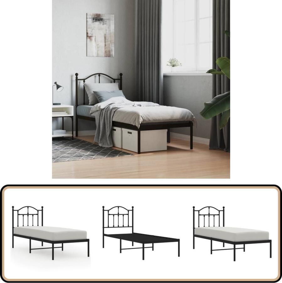 VidaXL Bedframe met hoofdbord Metaal 75x190cm Zwart Robuust Bed Frame Metalen Bedframe Zwarte Bedframe Eenpersoonsbed Boxspring Bed