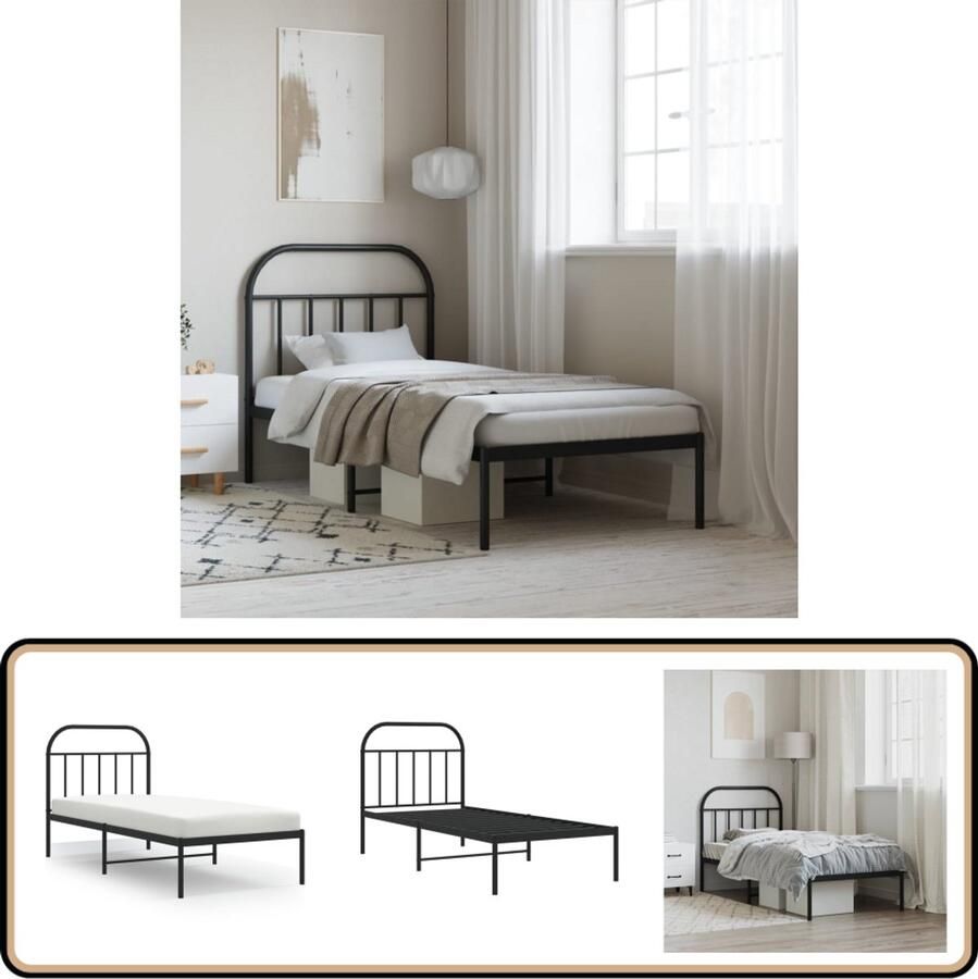VidaXL Bedframe met hoofdbord Metaal 90x200 cm Zwart Klassieke Bed Frame Metalen Bedframe Staal Bedframe Boxspring Bed Tweepersoons Bed