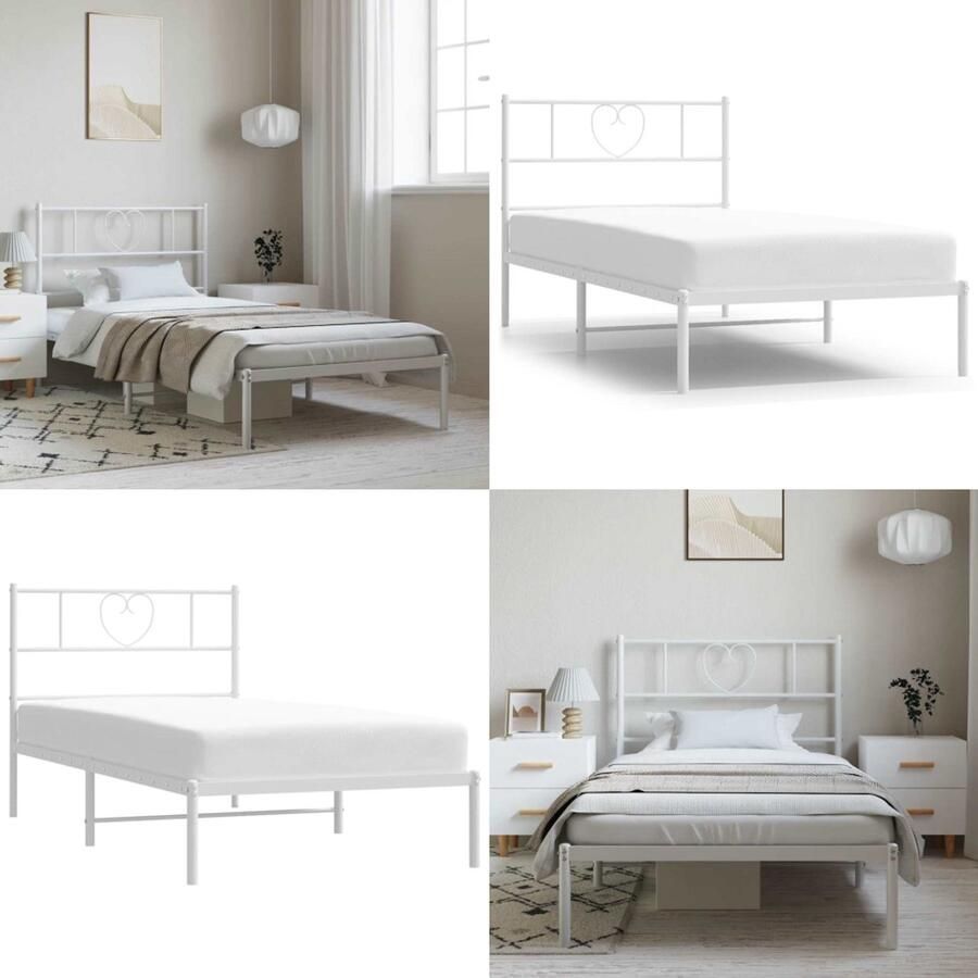 VidaXL Bedframe met hoofdbord metaal wit 100x190 cm Bedframe Bedframes Bed Bedbodem