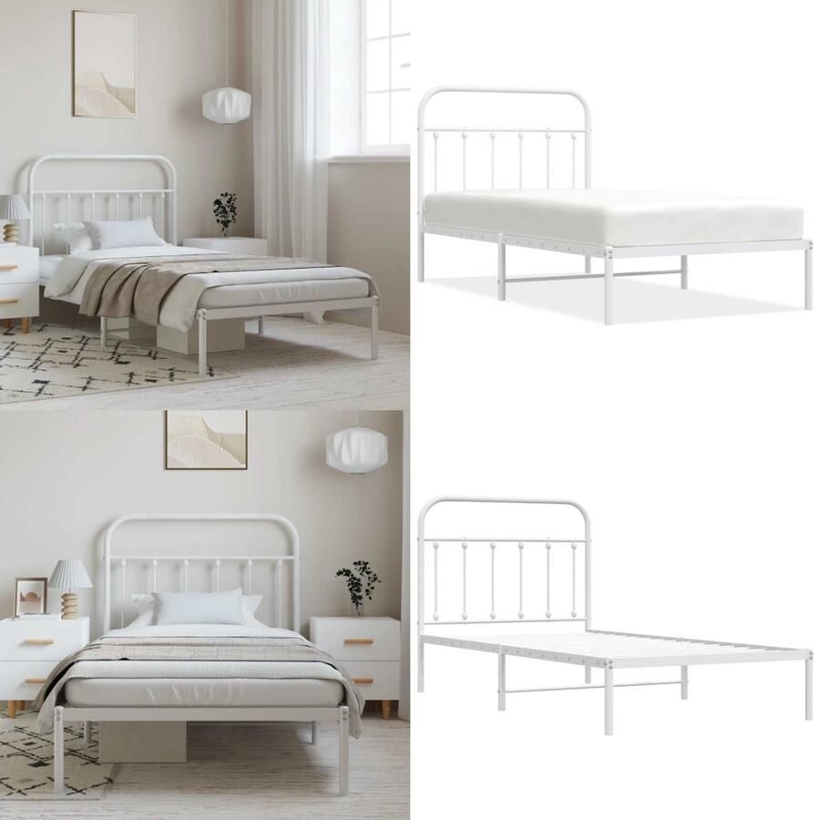 VidaXL Bedframe met hoofdbord metaal wit 100x190 cm Bedframe Bedframes Eenpersoonsbed Bed