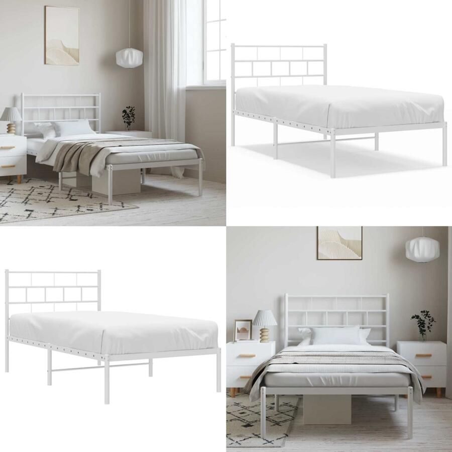 VidaXL Bedframe met hoofdbord metaal wit 100x190 cm Bedframe Bedframes Eenpersoonsbed Bed