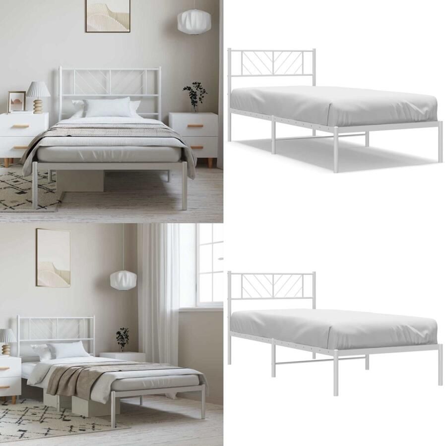 VidaXL Bedframe met hoofdbord metaal wit 100x190 cm Bedframe Bedframes Eenpersoonsbed Bed