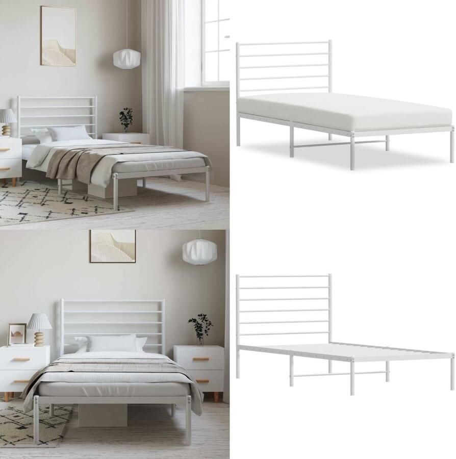 VidaXL Bedframe met hoofdbord metaal wit 100x190 cm Bedframe Bedframes Eenpersoonsbed Bed - Foto 2