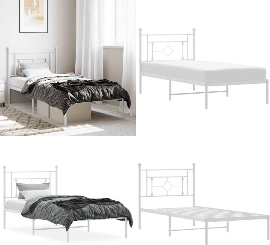 VidaXL Bedframe met hoofdbord metaal wit 100x190 cm Bedframe Bedframes Eenpersoonsbed Bed