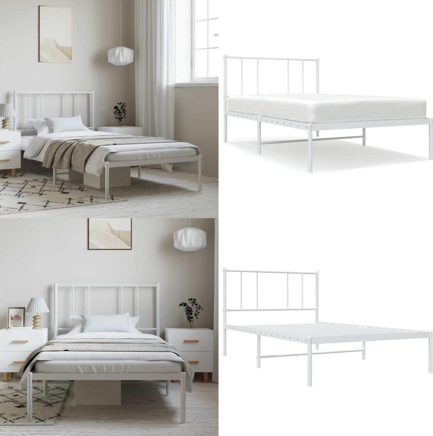 VidaXL Bedframe met hoofdbord metaal wit 100x200 cm Bedframe Bedframes Eenpersoonsbed Bed