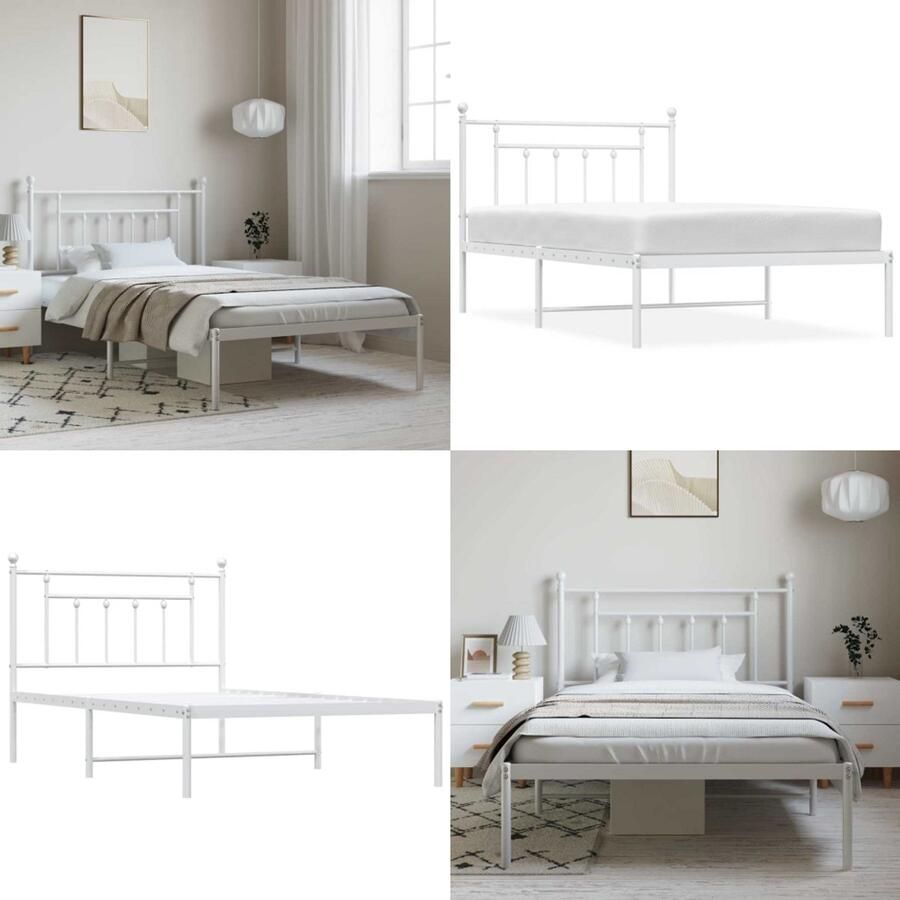 VidaXL Bedframe met hoofdbord metaal wit 100x200 cm Bedframe Bedframes Eenpersoonsbed Bed